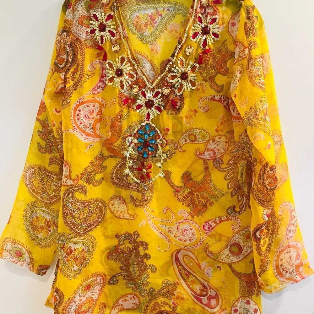 Women Sheer Tropical Tunic Blouse Sz Sm